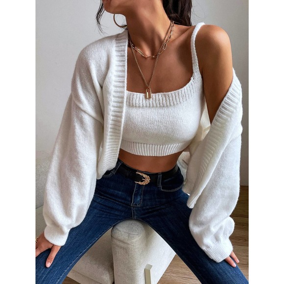 WILA Sweaters - minimalist oversized Open Front knit Cardigan sweater & Cami Top Set white
